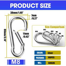 100Pack Heavy Duty Carabiner Clips, M8 5/16" Spring Snap Hooks 3Inch Zinc-Galvanized Steel Chain Clips Quick Links Safety Connector for Hammock Swing Fitness Gym Outdoor Supplies Boating