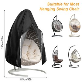 comvastars Hanging Chair Protective Cover, Hanging Chair Cover, Waterproof, UV-Resistant, Tear-Resistant, Protective Cover for Hanging Chair with Zip, Black, 190 x 115 cm