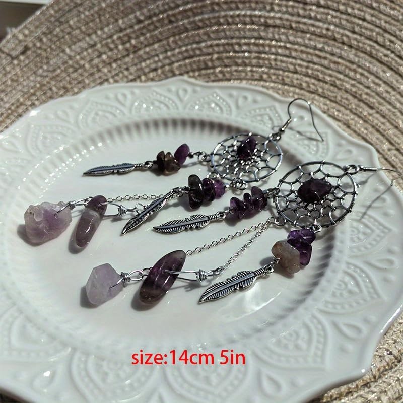 Zeylus Handmade Dreamcatcher Feather Artificial Amethyst Dangle Earrings