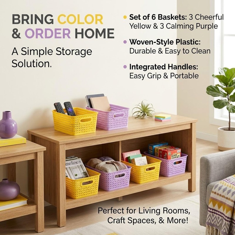 Small Plastic Baskets 6-Pack, Open Storage Weave Baskets Mixed Color,