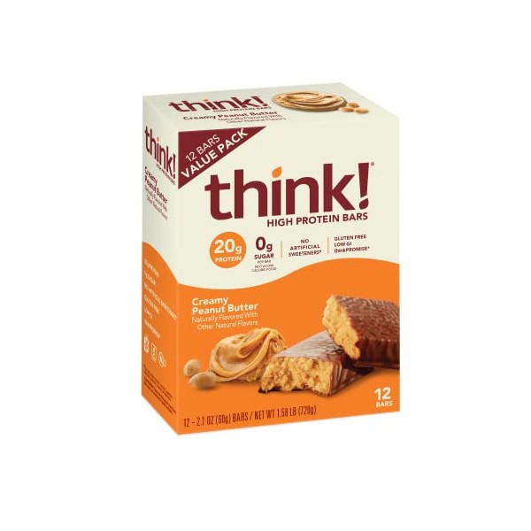 Think! Protein Bars, High Protein Snacks, Gluten Free, Sugar Free Energy Bar with Whey Protein Isolate, Creamy Peanut Butter, Nutrition Bars Without Artificial Sweeteners, 2.1 Oz (12 Count)