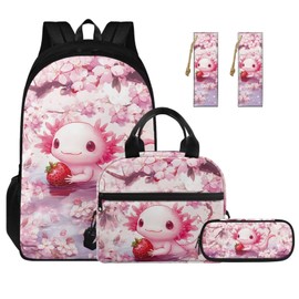 Hwiplsvny Axolotl 4 Pcs Set Kids Backpack Elementary School Bookbags for 3rd Grade Girls Backpacks with Lunch Box Two Compartments Schoolbags Girls Kids 9-10 Casual Daypack for Students