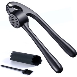 Premium Garlic Press Stainless Steel - Elevate Your Culinary Experience with Our Premium Garlic Mincer, Crusher & Peeler Set, Dishwasher Safe & Rust-proof (Matte-Black)