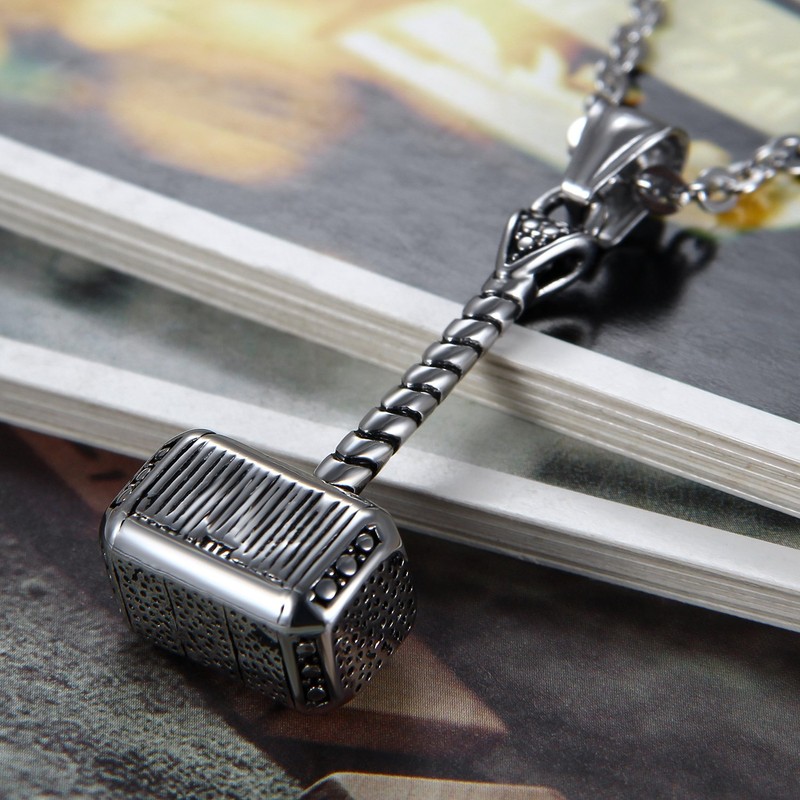 Flongo Men's Vintage Silver Stainless Steel Thor Hammer Biker Pendant