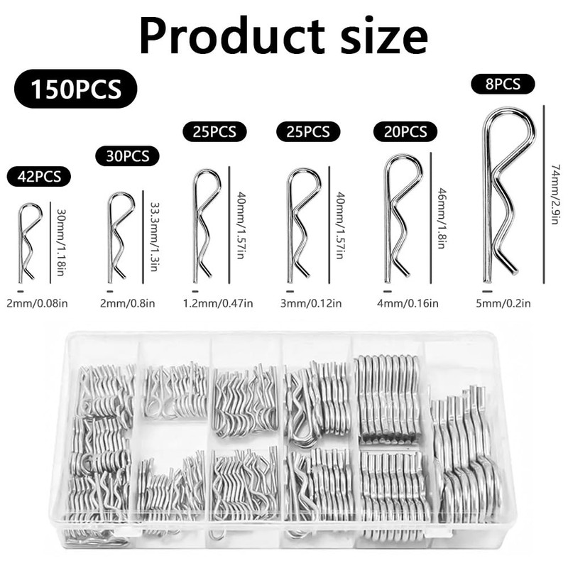 Pack of 150 Spring Cotter Pins, Spring Pins Assortment, Stainless