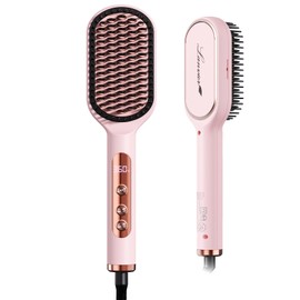 LANVIER Hair Straightener Brush, Ionic Straightening Brush with Infrared, Heated Straightening Comb with Negative Ions, Dense Bristles, 32 Temps, Dual Voltage, Flat Iron Comb for All Hair Type
