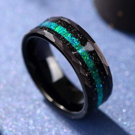 THREE KEYS JEWELRY Mens Charming Jewelry Tungsten Galaxy Colourful Stone Harmmered Wedding Carbide 8mm Ring Band for Men Engagement Black Size 9.5