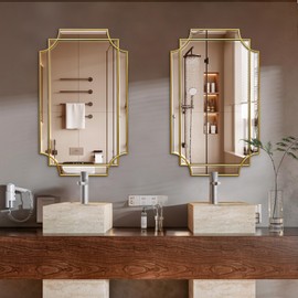 HQiJun Gold Mirror for Wall, 36x24 Gold Wood Framed, Scalloped Beveled Polished Rectangle Mirror, Large Decorative Mirrors for Wall Decor, Irregular Mirror for Living Room, Bathroom Vanity, Entryway