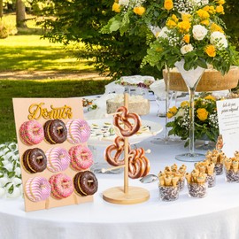 Mkway 2 Pcs Donut Wall Display Stand + 1 Pcs Pretzel Holder Stand, Reusable Donut Display Board for Dessert Table Decoration, Wooden Donut Holder Stand for Baby Shower Party Wedding Birthday