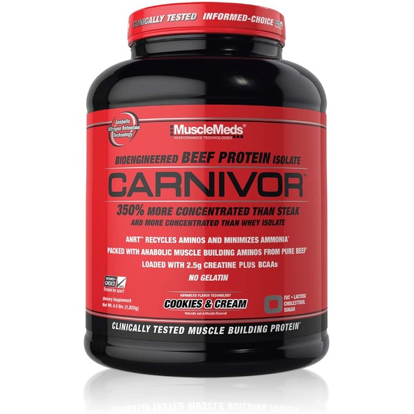 MuscleMeds Carnivor Beef Protein Isolate Powder, Cookies & Cream, 56 Servings, 1820 Gram, 64.1986 Ounce, 4 Pound