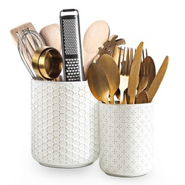 JOJUNO White Ceramic Utensil Holder – Set of 2 Embossed Kitchen Crocks (6.7 in & 7.1 in Tall), Large Countertop Organizer for Cooking Utensils, Spatulas, Spoons – Elegant Textured White Finish