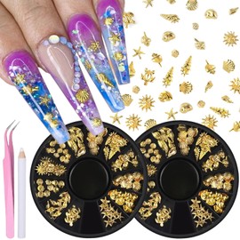 JFIYUOMCI 2 Boxes Gold Ocean Nail Charms for Summer - Starfish Seashell Sea turtle Sun Nails Art Designs, 3D Nail Rhinestones and Gems Metal Studs Jewelry for Women DIY Beach Nail Art Decoration
