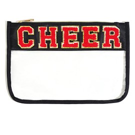 Jeffan 1 Pieces Black Cheer Gifts Chenille Letter Cheer Bags Patch Makeup Bag Flat Clear Pouch Cheerleading Gifts for Girls Cheer Teams