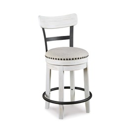 Signature Design by Ashley Valebeck | Modern Swivel 24.5" Counter Height Barstool – Rustic-Industrial Whitewash, Upholstered Cushion, 360° Swivel, Nailhead Trim