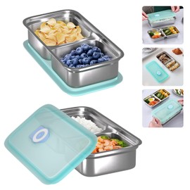 2pcs Grab and Go Snack Containers Reusable, Stainless Steel Double Compartment Snack Condiment Containers with Lids, Food Lunch Meal Container Prep, Sturdy Leakproof Small Air Tight Bento Boxes