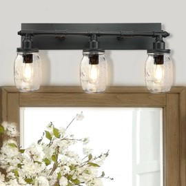 LMSOD Bathroom Wall Light Fixtures, Industrial Mason Jar Vanity Light, Wall Sconce with Black Finish (3 Lights)