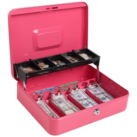 Cash Box with Money Tray and Key Lock, Parrency Large Money Box, 5 Compartments for Cions & 4 Spring-Loaded Clips for Bills, 11 4/5" x 9 2/5" x 3 1/2", Pink