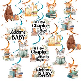 Jollyboom Storybook Baby Shower Decorations, 8pcs a New Chapter is About to Begin Baby Shower Hanging Swirls Streamers Garland for Forest Woodland Animals Book Pregnancy Celebration Decorations
