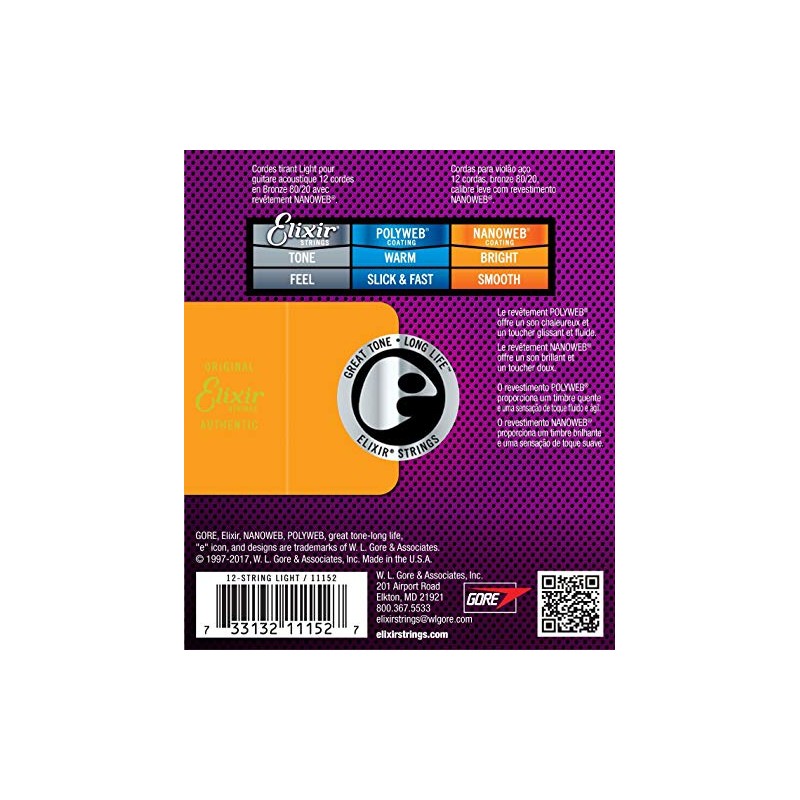 Elixir 80/20 Bronze Nanoweb 11152 12-String Light 10-47 Acoustic Guitar