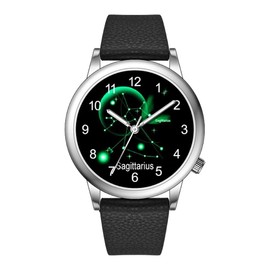 Fashion Watch Constellation dials 36mm Alloy Case Japanese PC21J Quartz Movement Synthetic Leather Watch (Black/Sagittarius)