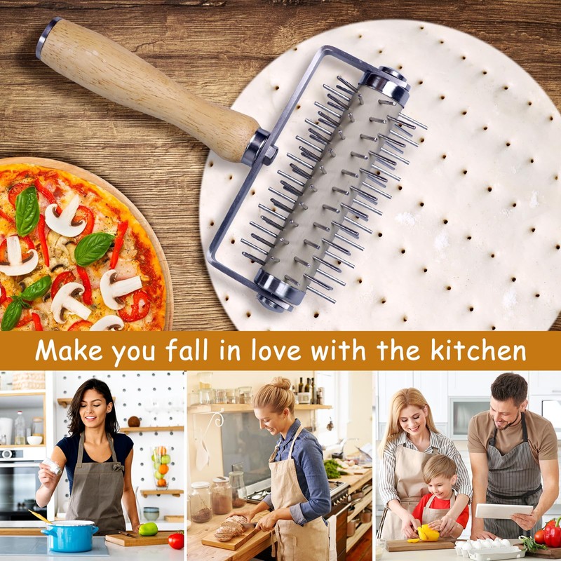 Stainless Steel Pizza Docker, Pizza Dough Docker with Wooden Handle,