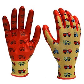 Digz Youth Stretch Garden and Yardwork Gloves with Nitrile Coating | Single Pair | Color: Trucks & Tractors Pattern | Size: One Size Fits Most Youth