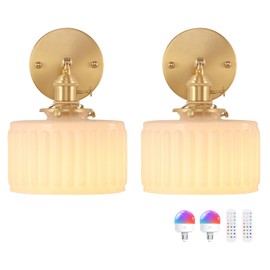 Shenmoyl Vintage Battery Operated Wall Sconce with White Striped Glass Lampshade 5000 mAh Rechargeable Battery Powered Wall Light with Remote Control for Bedside Bedroom Doorway, Set of 2