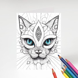 Majestic Warrior Cat Coloring Cards, 5" x 7", Stationary Set, Easy Adult Coloring A7 Cards with Envelopes, Greeting Cards, DIY Paper Crafting Kit, Set of 8