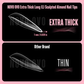 NOVO OVO Long Almond Nail Tips SCULPTED (Not NATURAL) for Curved Nail Beds, Extra Thick L Length False Nails Press on, Full Cover Soft Gel Fake Nail Extension, Salon DIY x 15 Sizes 450 pcs