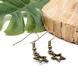 Star Bead Dangly Earrings, Antique Bronze Style Hollow Charms on Nickel Free Ear Wire Hooks : 31mm long, Pretty Everyday Drop Earrings, Cute Jewellery Gift for Women