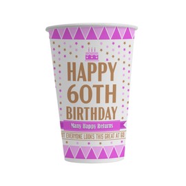 60th Birthday Paper Cups 24 Pack - 12 Oz (300 ml) Cup for Hot and Cold Drinks - Happy Birthday Decorations Party Cups Tableware for Men Women - Disposable Recyclable - Looks Great - Pink