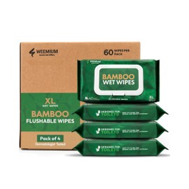 Weemium Bamboo Wipes – Pack of 4 (240 XL Flushable Wipes) – Organic, Tree-Free, FSC Certified & Septic Safe – 99% Water, Unscented & Sensitive Skin Safe – Biodegradable, Compostable & Eco Friendly