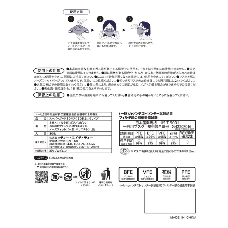 [株式会社ティー・エイチ・ティー] T.H.T 長時間つけごこち快適 スーパーガード 3D立体 マスク (ホワイト) 3層フィルタ JIS規格適合 不織布