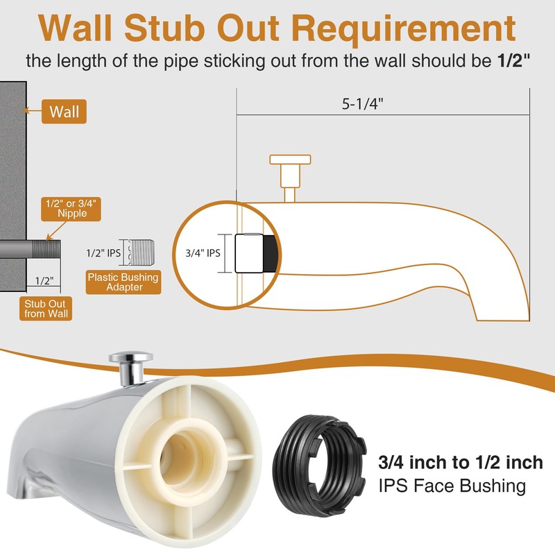 Enhon Tub Spout with Rear Diverter, Bathtub Spout Fitting 1/2-Inch