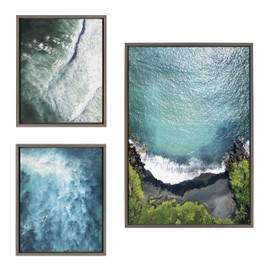 Kate and Laurel Sylvie Maui Black Sands Beach, Paddle Out and La Jolla Beach Framed Canvas Wall Art Set by Rachel Bolgov, Set of 3, two 16x20 and one 23x33 Gray Finish Frames, Nature Coastal Beach Home Decor
