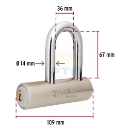 Hermex CA-109LQ Steel padlock, 109mm, long hook, dotted key