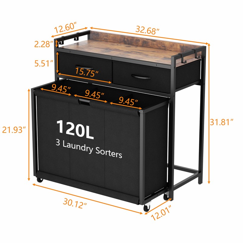 STIKELY Laundry Hamper Laundry Basket with 3 Section Pull-Out Rolling