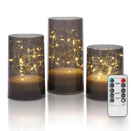 Fanna 3 Fairy Light Candle Lanterns with Remote for Table Centerpiece Decor, Embedded Twinkle String Lights in Battery Operated Flameless Candles for Christmas - Grey Acrylic - H 4"/5"/6"