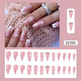 24 PCS Christmas Press on Nails - Snowflake Christmas Hat Glitter Full Cover False Nails - Short Square False Nails - Acrylic French Stick on Nails with Jelly Glue (4)