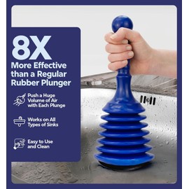 Luigi's Sink Plunger Kitchen - Sink Plunger Bathroom - Drain Bathtub or Shower - Small and Powerful Clog Remover - Commercial Style "Plumbers Plungers" with Large Bellows - Blue - Small