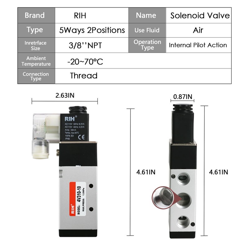 RIH Pneumatics Solenoid Valve 3/8" NPT AC110V Single Coil Pilot-Operated