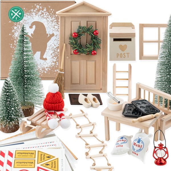 WICHTELFREUND Gnome Door Set Including Baking Set - Magical Gnome Door Complete Set, Miniature Gnome Accessories, Christmas Decoration, Children's Room Decoration for Christmas, DIY Gift for Children