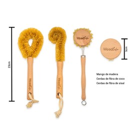 WOODLIFE® - Set de 4 Utensilios para Limpieza de Cocina y/o Platos, Vasos, Fabricados de bambú y Fibras Naturales, 100% biodegradables y ecológicos.