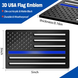 1 Pair of Reflective 3D Thin Blue Line American Flag Emblem Car Decals 3"x5", 3mm Thickness Matte Black Subdued Police US Flag Bumper Stickers Support for Law Enforcement Officers