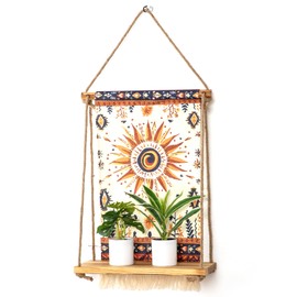 Wall Mounted Hanging Shelf with Bohemian Style Decorative Cloth, Handmade Natural Material, 24 x 12 inches, for Living Room Bedroom Home Storage and Indoor Plants