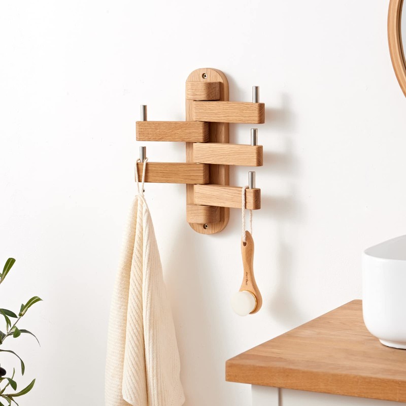 TREOAKWIS Oak Wood Coat Hooks, Coat Rack Wall Mount Swivel
