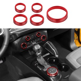 HTHE Aluminum Alloy Center Console Switch Ring Kits, Audio Switch,Air Conditioning Control Switch,4WD Control Switch Compatible with Ford Bronco 2021 2022 +Interior Accessories(,5Pcs/Set,Red)