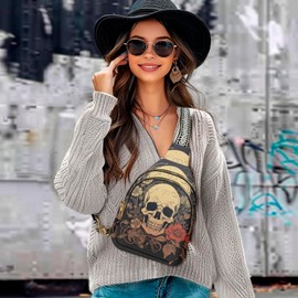 LYEMVHE Skull Leather Sling Bag Small Crossbody Backpack Travel Shoulder Pack Hiking chest Daypack for Women Adjustable Lightweight Outdoor Waterproof Workout