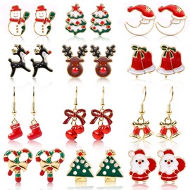 12 Pair Christmas Earrings for Women Christmas Trees Bells Snowflakes Santa Studs Earrings Set Christmas Party Jewelry Gifts (12 Pair Christmas Earrings)