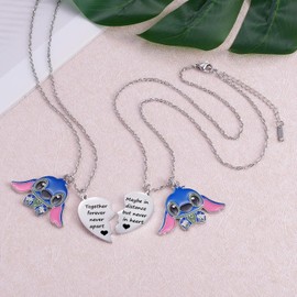 Engraved Heart Charm GoFunway Best Friend Stitch Necklace Set Friendship Matching Heart Necklace For 2 Girls Women Lilo and Stitch Stuff Jewelry For Friends BFF Bestie Stainless Steel Enamel Pendants Silver (Friendship)